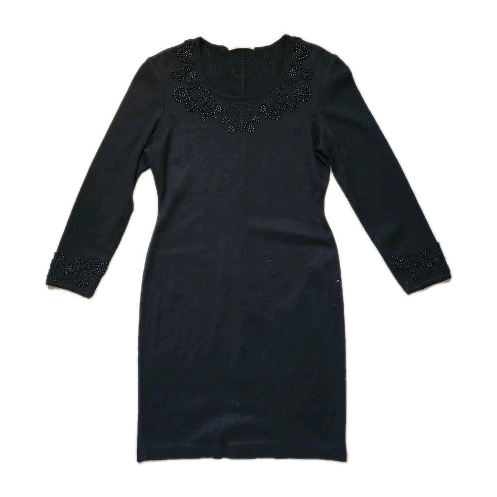VTG Petite Sophisticate Sweater Dress Black Wool Blend Beaded Midi Knit Sz M EUC